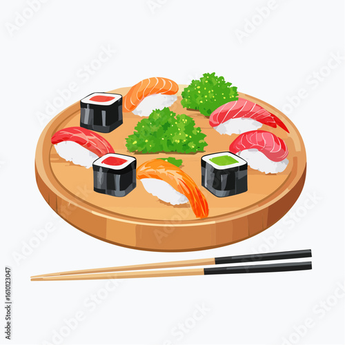 A delicious set of traditional Japanese sushi with salmon, fish, and rice rolls, served with chopsticks on a white plate, perfect for a healthy gourmet meal