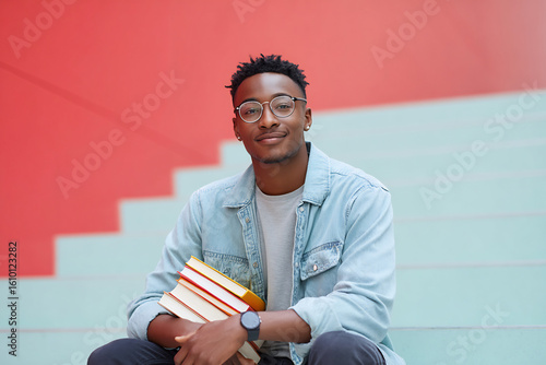 student guy with books on pastel steps