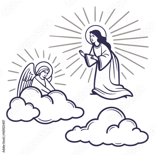 Angelic figures with divine light beams and celestial clouds wings halo