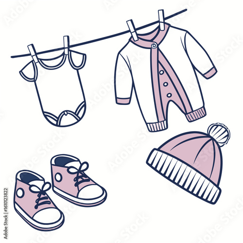 Baby clothes and shoes on clothesline onesie booties