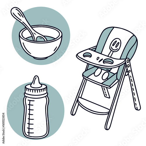 Baby feeding essentials bowl spoon bottle highchair sippy cup