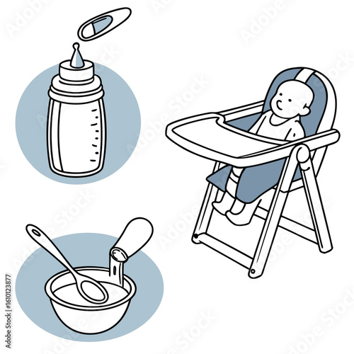 Baby feeding essentials including highchair bottle and spoon vector