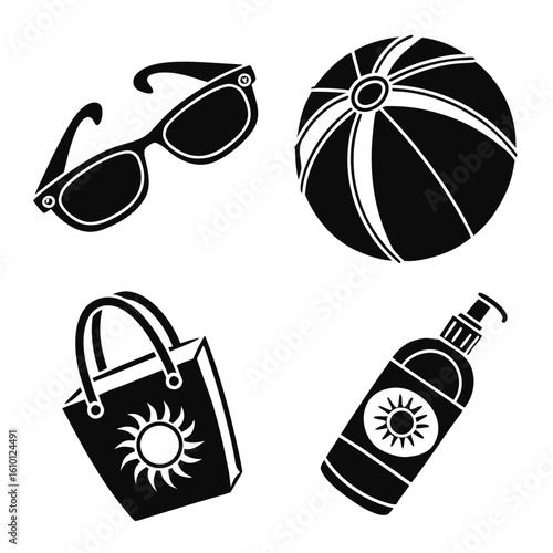 Beach accessories icons sunglasses beach ball tote bag sunscreen vacation summer