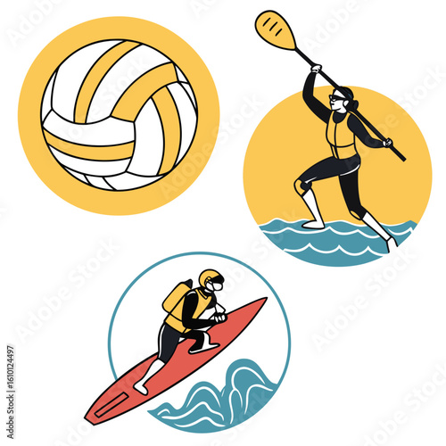 Beach sports icons volleyball kayaking surfing vector