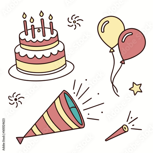 Birthday cake balloons party popper confetti star celebration