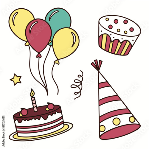 Birthday party celebration elements balloons cake hat vector