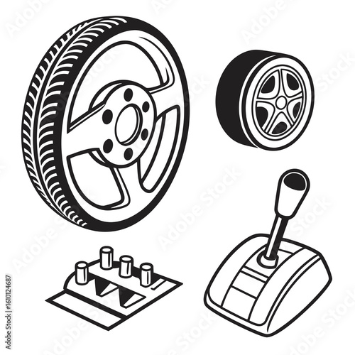 Black and white automotive components including tires and gear selectors car parts