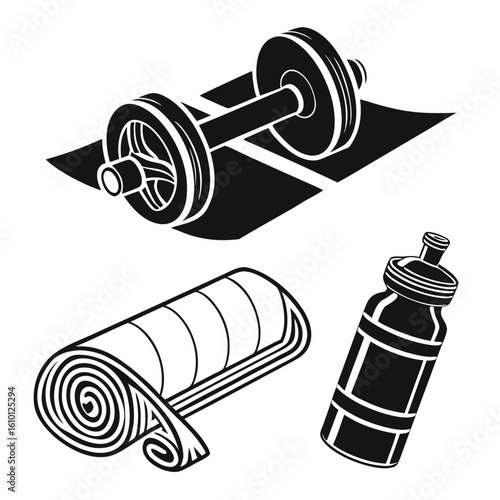 Black fitness equipment dumbbell yoga mat water bottle exercise