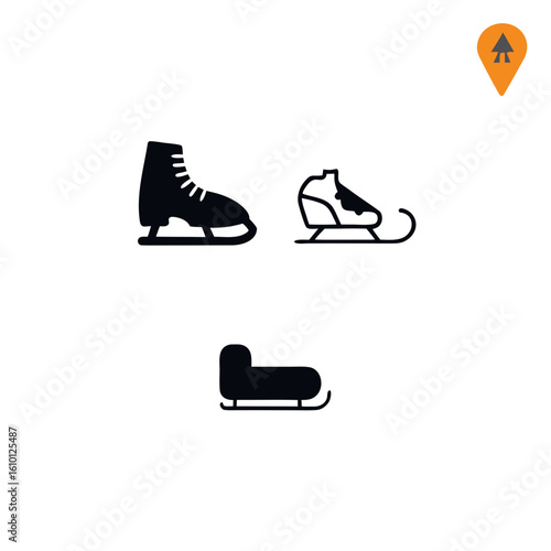 Black silhouette icons of ice skates and sleds winter sports black and white