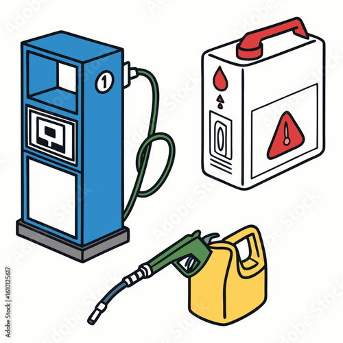 Blue gas pump yellow gas can red oil container gas station fuel pump