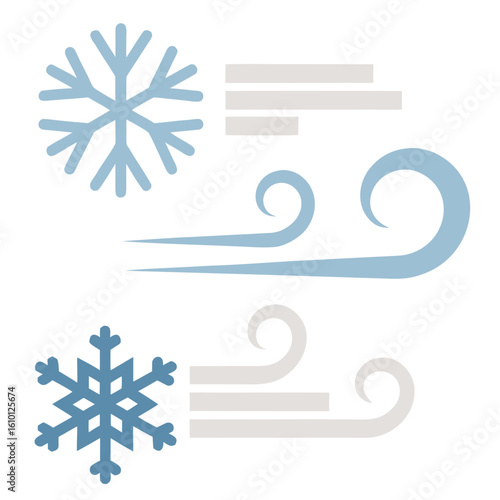 Blue snowflakes and wind gusts on white winter weather