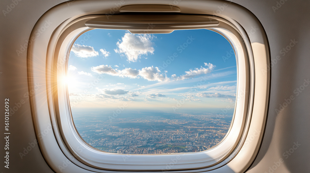 Fototapeta premium Aerial view from airplane window showcasing bright sky with clouds and cityscape below