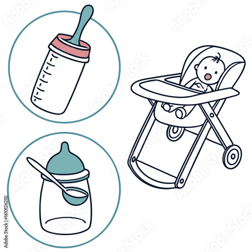 Baby feeding essentials with bottle and highchair sippy cup