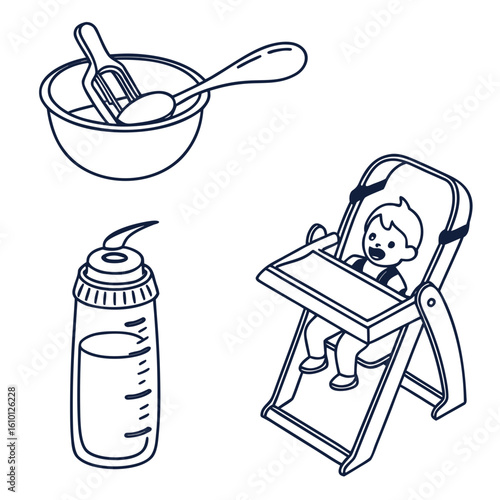 Baby feeding icons sippy cup spoon highchair vector