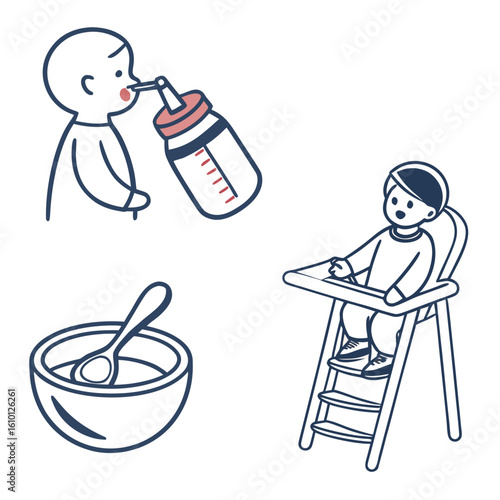Baby feeding icons with sippy cup spoon and highchair