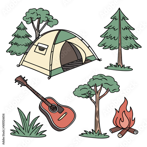 Camping scene with tent campfire guitar and trees vector