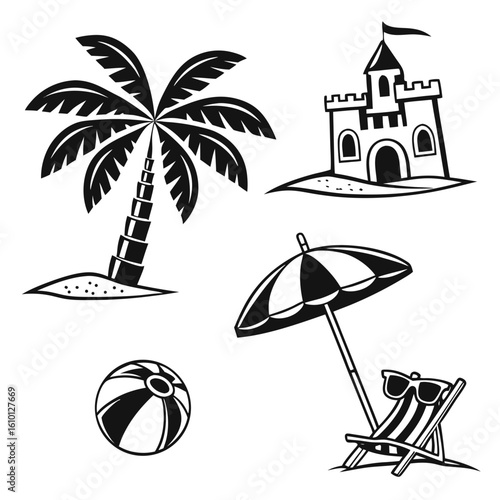 Black and white beach icons palm tree sandcastle beach ball umbrella lounge chair