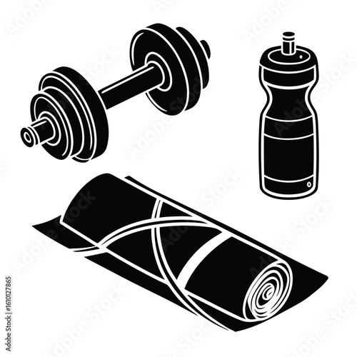 Black fitness equipment and water bottle workout exercise