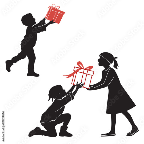 Children exchanging gifts silhouettes presents giving