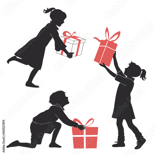 Children silhouettes opening gifts presents celebration