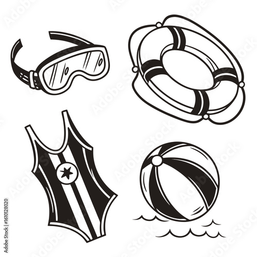 Black white swimming gear icons swimming goggles life preserver
