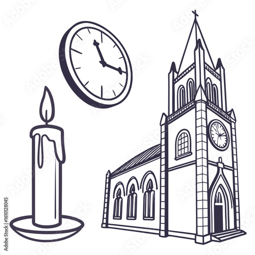 Church candle clock gothic architecture vector
