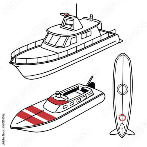 Boat and surfboard line art ship watercraft