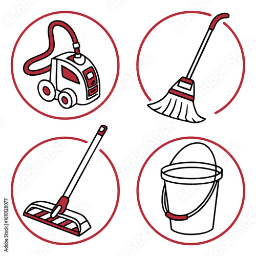 Cleaning tools vacuum broom mop bucket icons vacuum cleaner