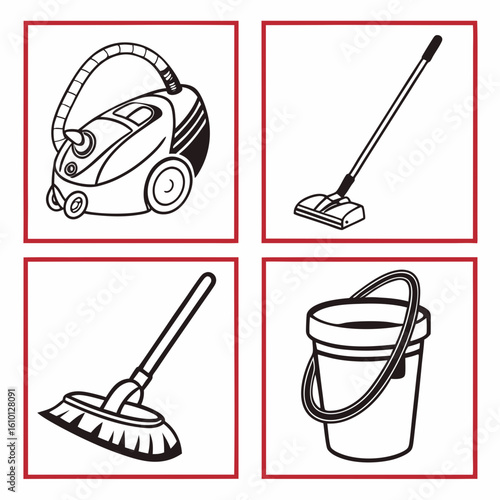 Cleaning tools vacuum broom mop bucket icons vacuum cleaner