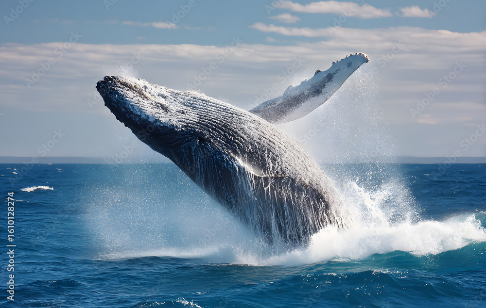 Fototapeta premium Humpback whale jumping out of the water in Australia. The whale is falling on its back and spraying water in the air.
