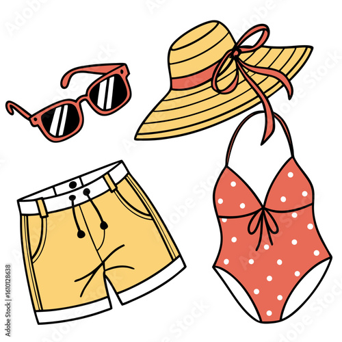 Coral polka dot swimsuit yellow shorts straw hat sunglasses coral swimsuit