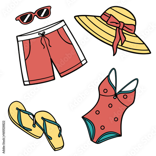 Coral swimsuit yellow hat red shorts yellow flip flops coral sunglasses summer clothing