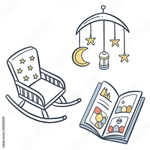 Cozy nursery rocking chair with storybook and celestial mobile moon
