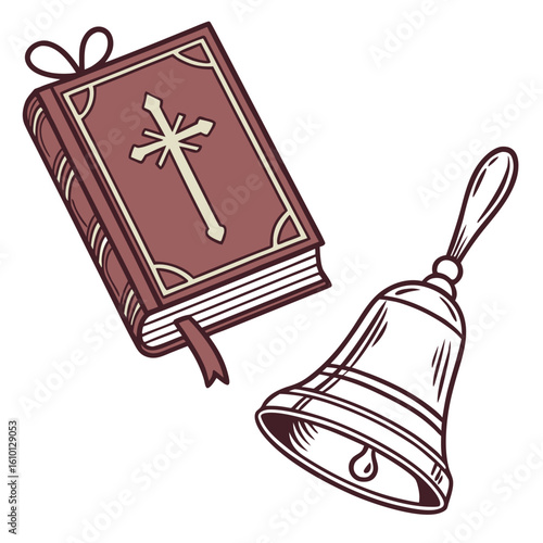 Crimson hymn book with cross and ringing bell bible
