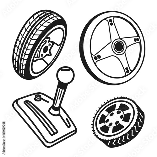 Car parts icons tire steering wheel gear shifter vector