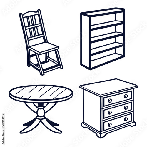Chair table bookshelf dresser icons furniture