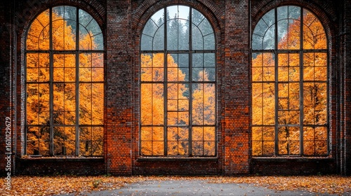 Autumnal landscape seen through arched windows