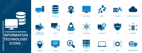 IT Icons. Containing computer, data, AI, software, API, cloud computing, cyber security. Solid vector icon.