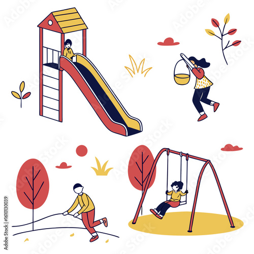 Children playing slide swing seesaw autumn park playground