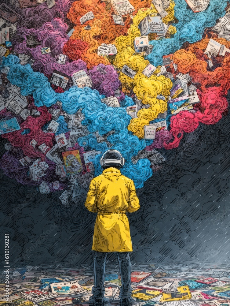 Obraz premium Creative Chaos Evolves Into Structured Brain Circuits With Vibrant Colors and Contrasting Clean Space