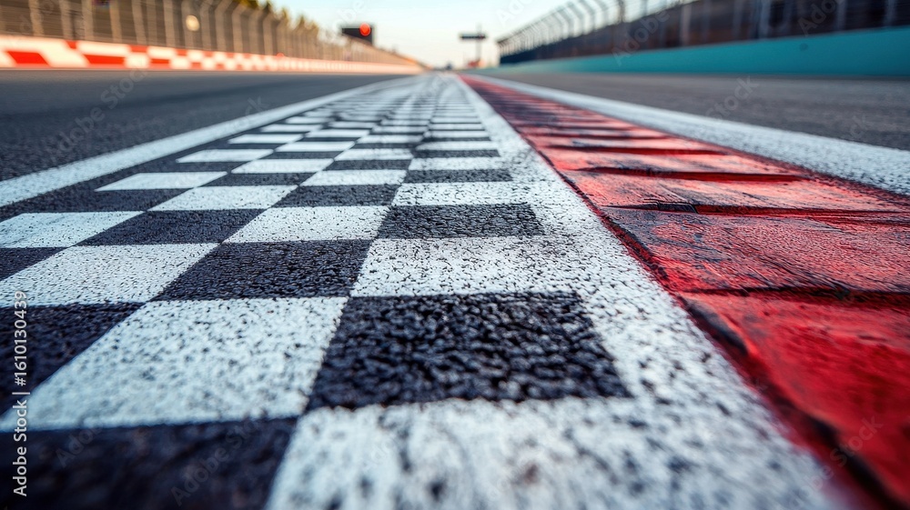 Fototapeta premium A detailed close-up view of a finish line painted on an empty asphalt track, showcasing the checkered pattern and surrounding textured surfaces.