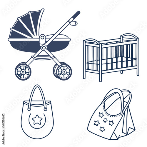 Dark blue baby stroller crib bibs with stars vector