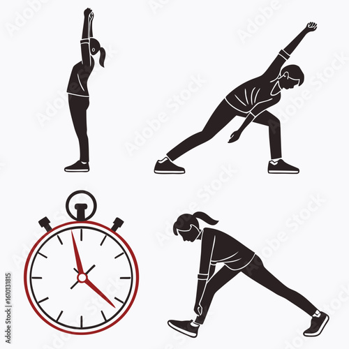 Female fitness warm up stretching and timer icons exercise