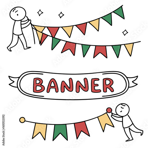 Festive bunting and banner with stick figures celebration