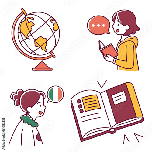 Globe girl reading book Irish flag speech bubble learning