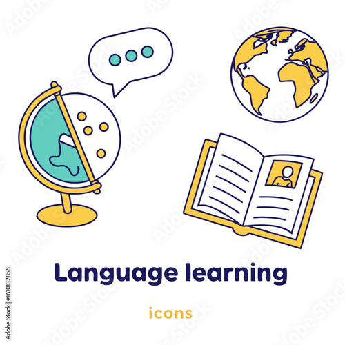 Globe speech bubble and open book icons language learning education
