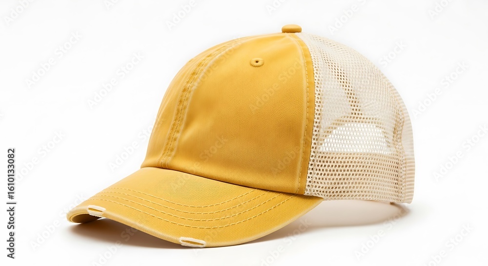 Fototapeta premium Yellow Distressed Baseball Cap with Mesh Back on White