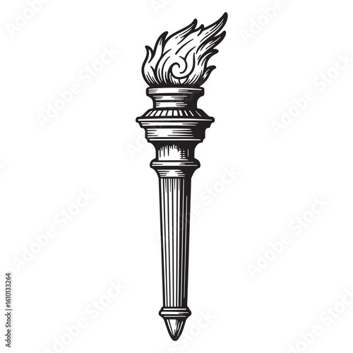 Classic vintage art illustration depicting a torch with elegant burning flames and detailed design