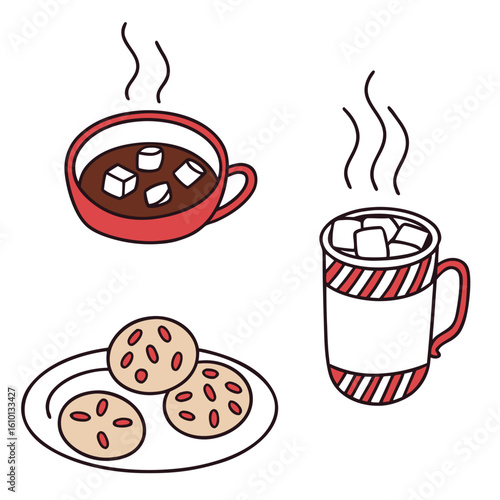Hot cocoa marshmallows cookies festive drinks and treats vector