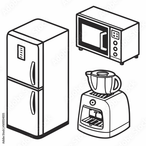 Isometric kitchen appliances refrigerator microwave coffee maker vector